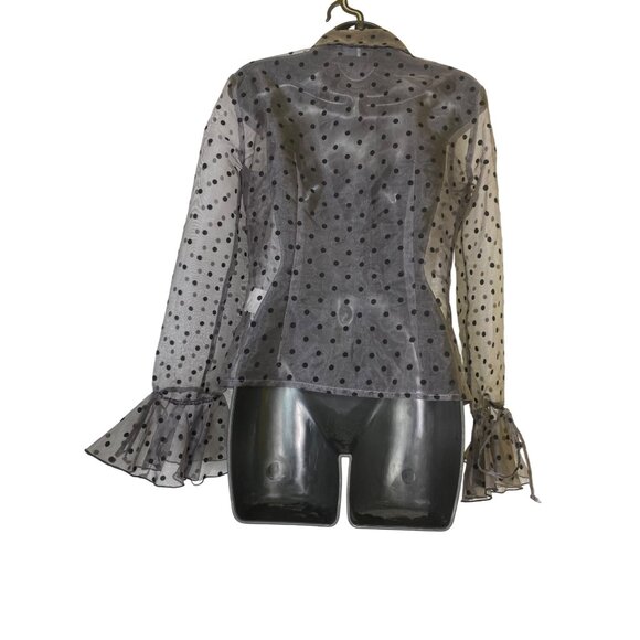 JS Boutique Sheer Black Polka Dot Blouse Ruffled Size 4 Top Shirt Goth Vamp Luxe - Picture 2 of 8